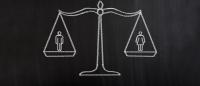 Illustration of man and woman being weighed on opposite sides of a balance